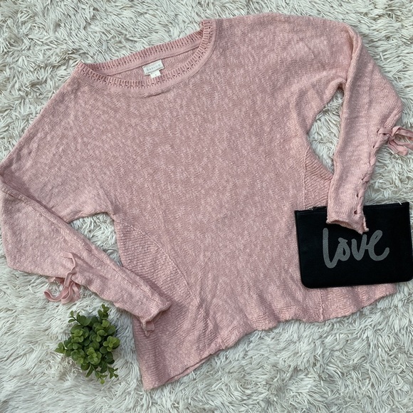 🎉HP🎉 Caslon Lace Up Sleeve Crewneck Sweater 💗 Light Pink - Picture 1 of 16
